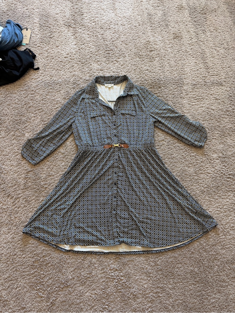 Geometric Print Collared Shirt Dress with Belt